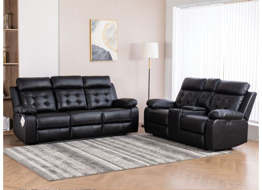 Berkeley Black Leather Match Power Sofa and Loveseat Set Reclining